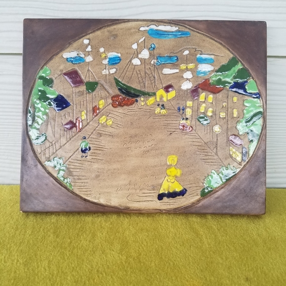 Vintage 70s Ceramic Tile Old Wold Harbor Town Scene Vtg Whimsical Unique Decor - Picture 9 of 9